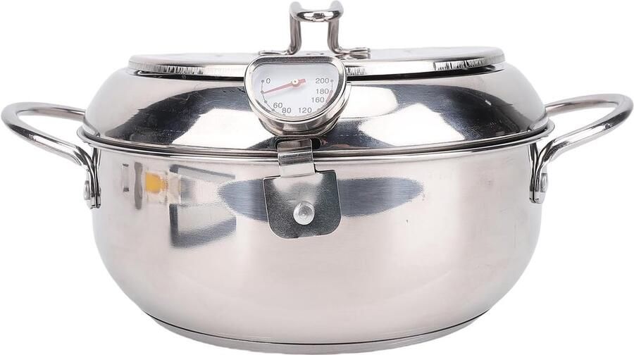 Roestvrijstalen Frituurpan Keukenpan met Olieafvoer Thuis Frituren Ingebouwde Thermometer 22 Liter Capaciteit Zilver