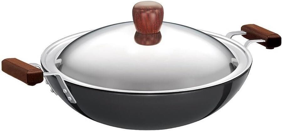 Frituurpan met Deksel Kadhai Pan Frituren en Roerbakken Hard Geanodiseerd Aluminium 375 Liter Capaciteit Grijs