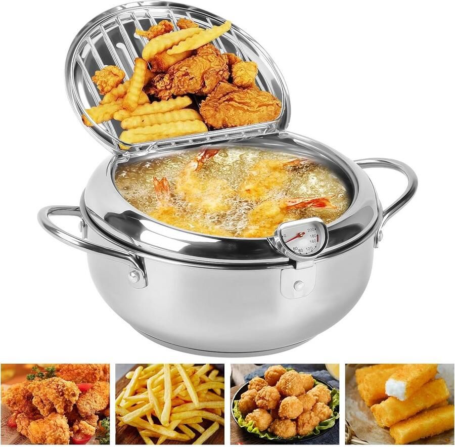 Frituurpan met deksel Koekenpan met rek Lekker koken thuis Temperatuurregeling met thermometer 20 cm diameter Zilver