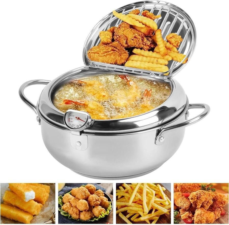 Frituurpan met deksel Koekenpan met zeef Eten bereiden Ingebouwde thermometer 20 cm Zilver