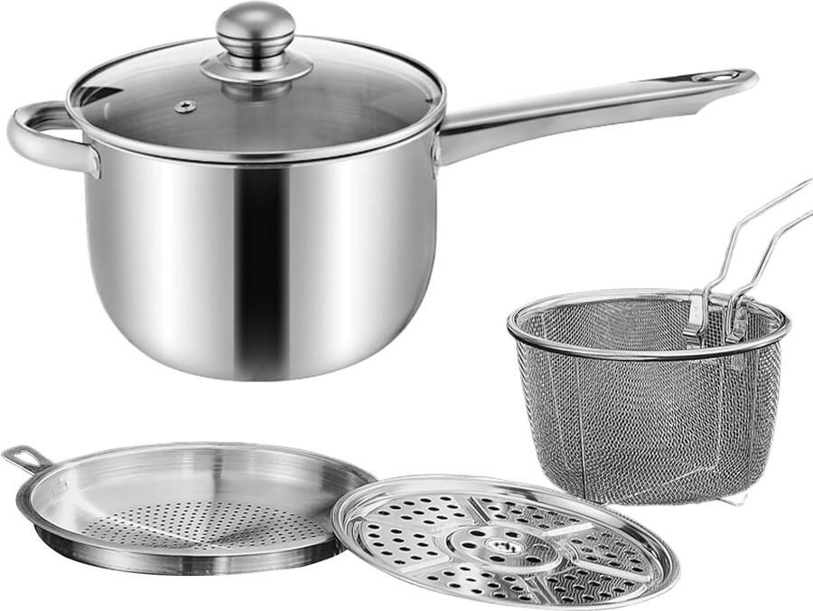 Frituurpan met mand Diepe kookpan Gelijkmatig bakken Roestvrij staal constructie 38 cm diameter Zilver