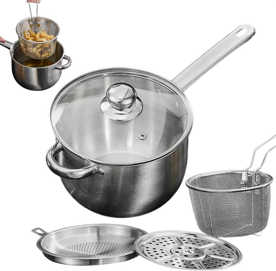 Frituurpan met Mand Frituurpot Braadpan Snacks Bereiden Roestvrij Staal 19.5 cm Diameter Zilver