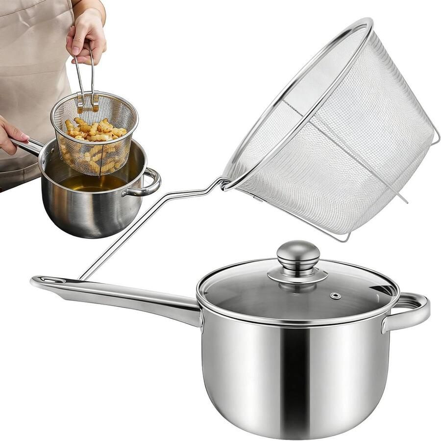 Frituurpan met Mand Koekenpan Braadpan Thuis Koken Antiaanbaklaag Deksel 38 cm Zilver