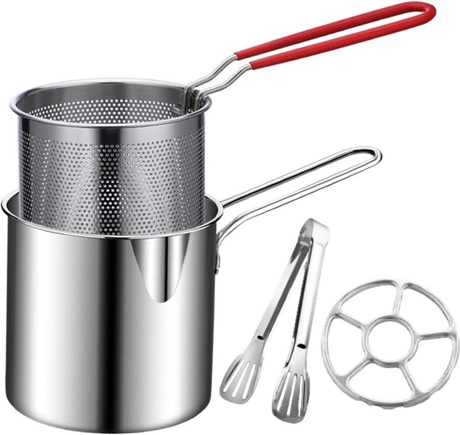 Frituurpan met Mand Koekenpan met Deksel Thuis Koken Roestvrij Staal Compact Zilver