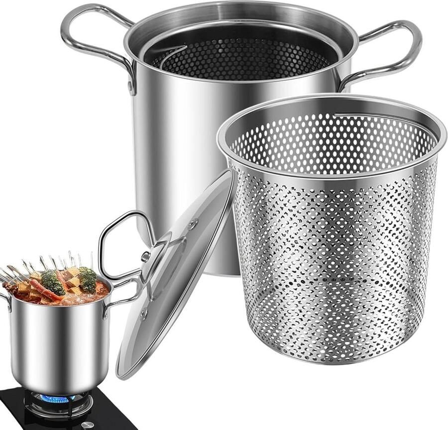 Frituurpan met mand Kookpan Lekker Frituren Verbrandingsvrije handgrepen 35 Liter Zilver