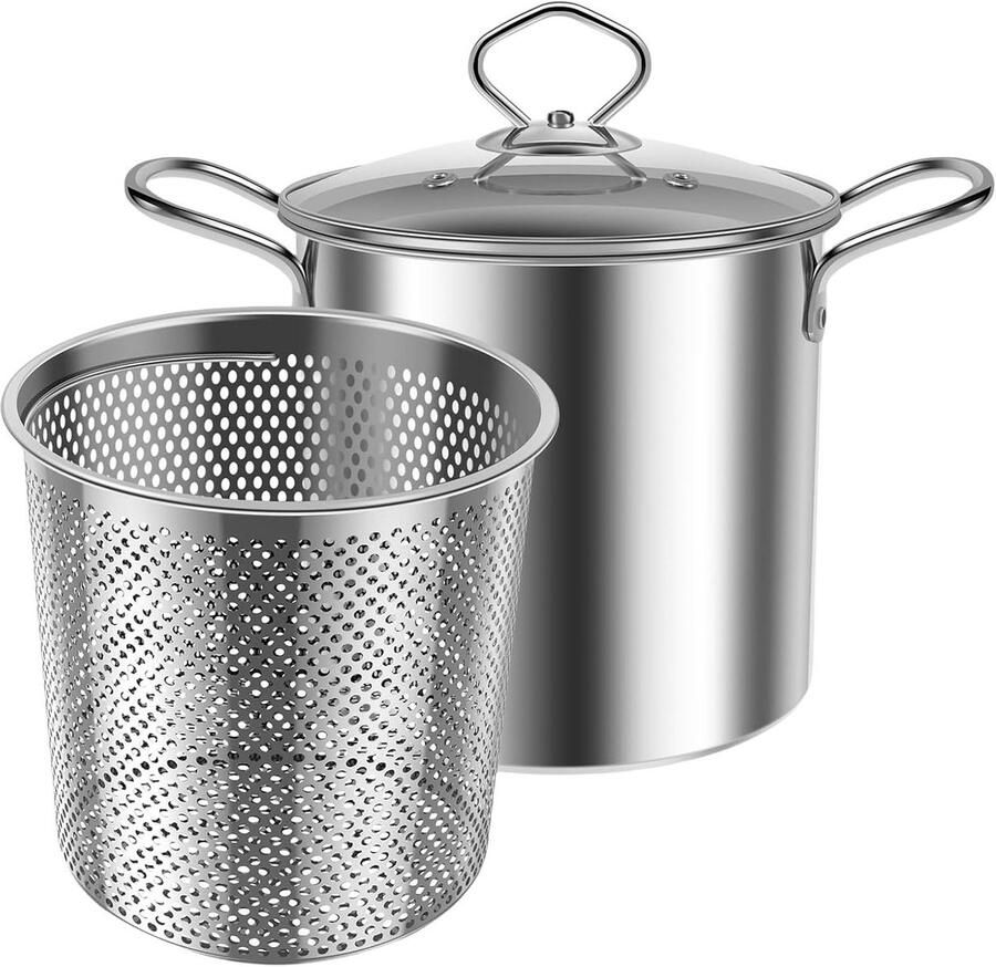 Frituurpan met mand Kookpan met zeef Frituren thuis Transparant deksel 35 liter Zilver