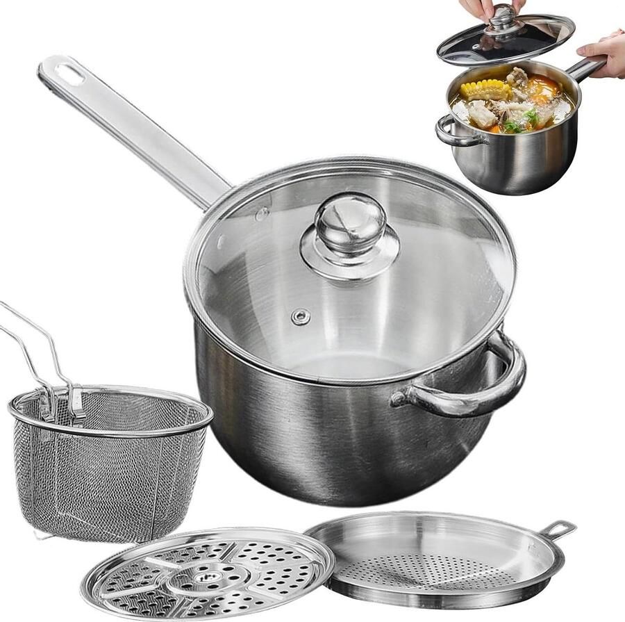 Frituurpan met mand Kookpot Stoompan Thuis Frituren Roestvrij staal 19.5 cm diameter Zilver