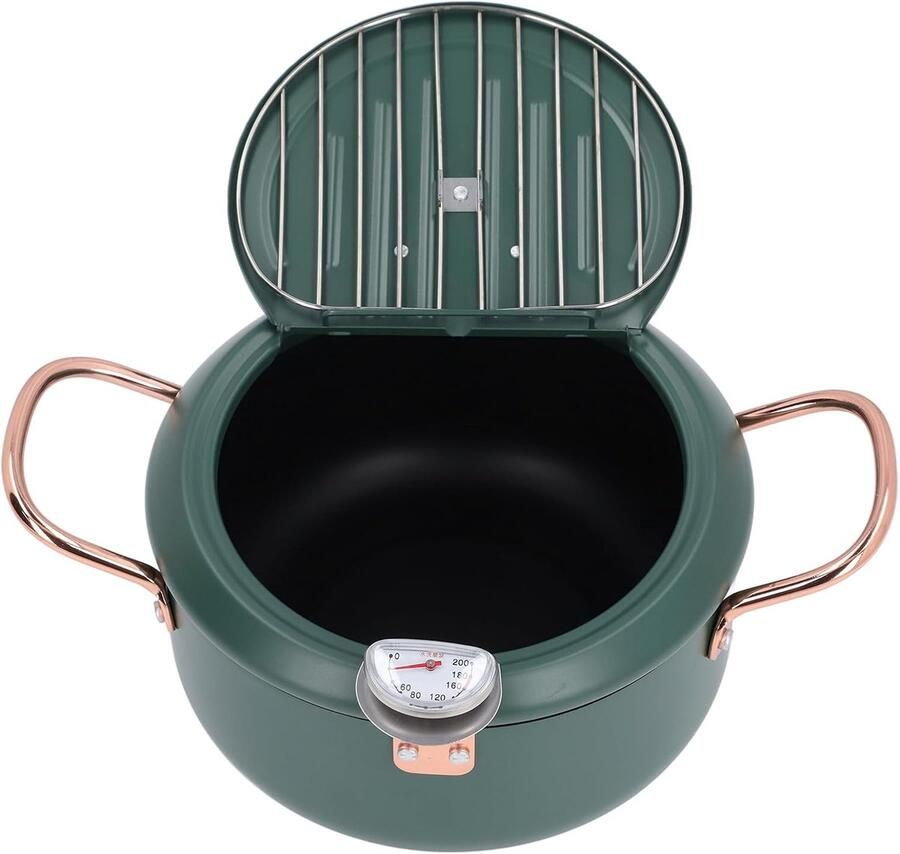 Frituurpan met Temperatuurmeter Koekenpan Kookpot Thuis Frituren Dubbele Handgrepen 28 x 22 x 13 cm Groen