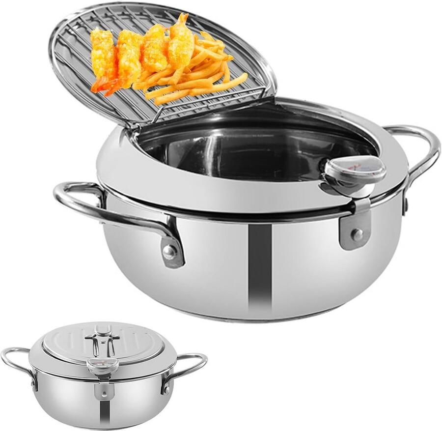 Frituurpan met Thermometer 4L Roestvrijstalen Frituurpan met Dop en Olieopvangrek