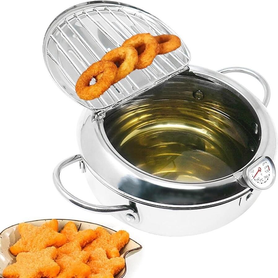 Frituurpan met Thermometer Japanse Pan Tempura Pan Fijn Frituren Roestvrij Staal 2.2 3.2L Zilver