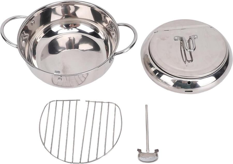 Frituurpan met thermometer Keukenpan Frietjes bakken Inclusief olieafvoer 20 cm diameter Zilverkleurig