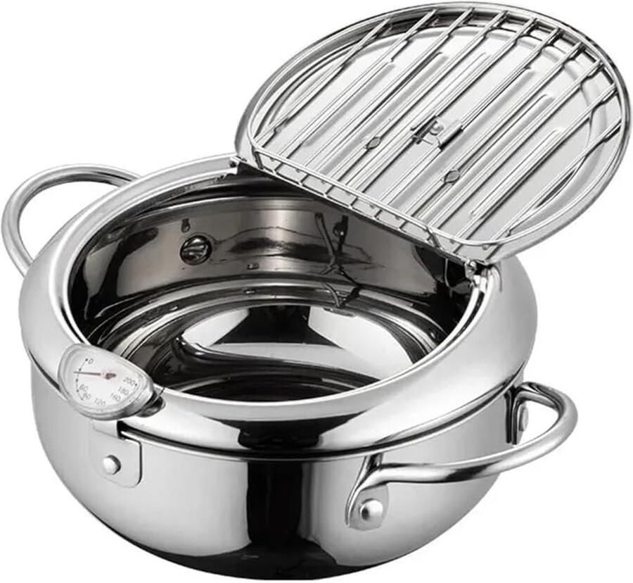 Frituurpan met Thermometer Keukenpan met Deksel Tempura Frituren Roestvrij Staal 29 x 29 x 14 cm