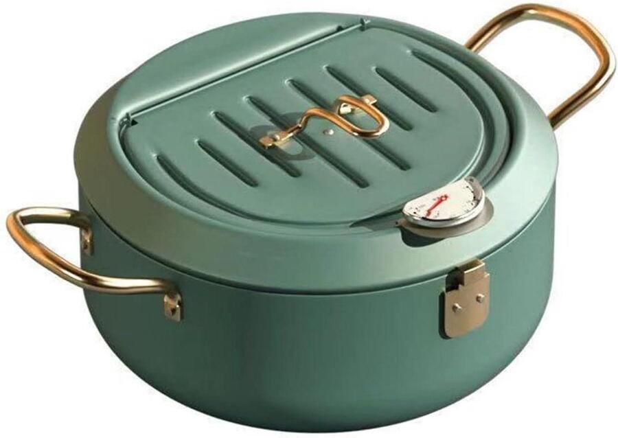 Frituurpan met Thermometer Kleine Friteuse Tempura Thuis Frituren Met Oliepeil Indicator 20.5 cm Diepgroen