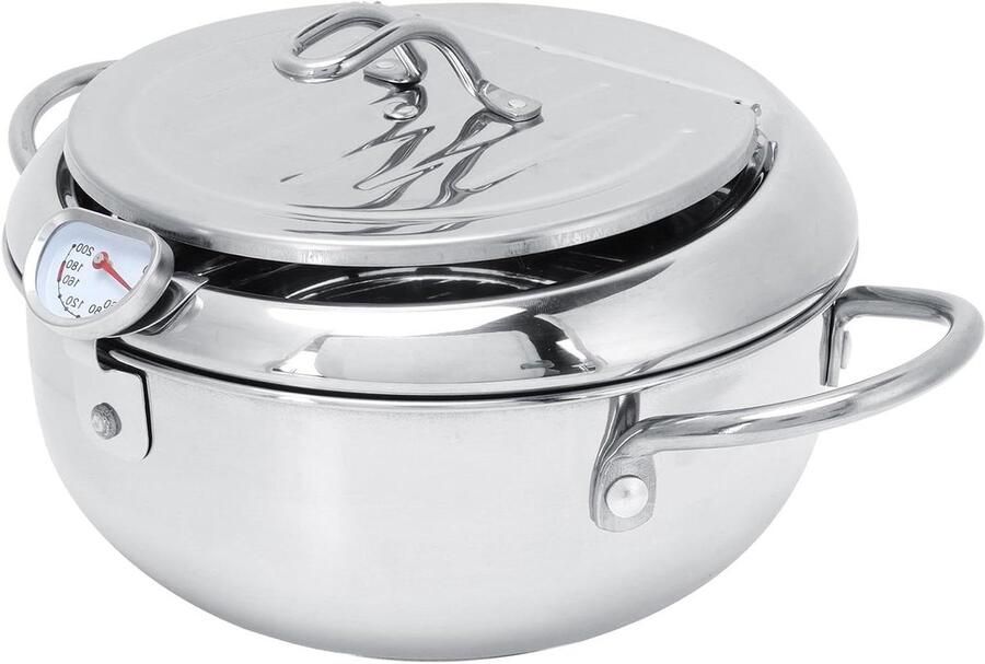 Frituurpan met Thermometer Koekenpan Braadpan Thuis Koken Spatvrij Deksel 28 cm Zilver