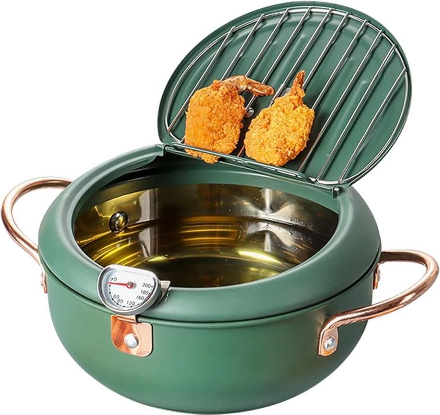 Frituurpan met Thermometer Tempura pan Lekkere Snacks Maken Roestvrij Staal 55 inch Diepgroen