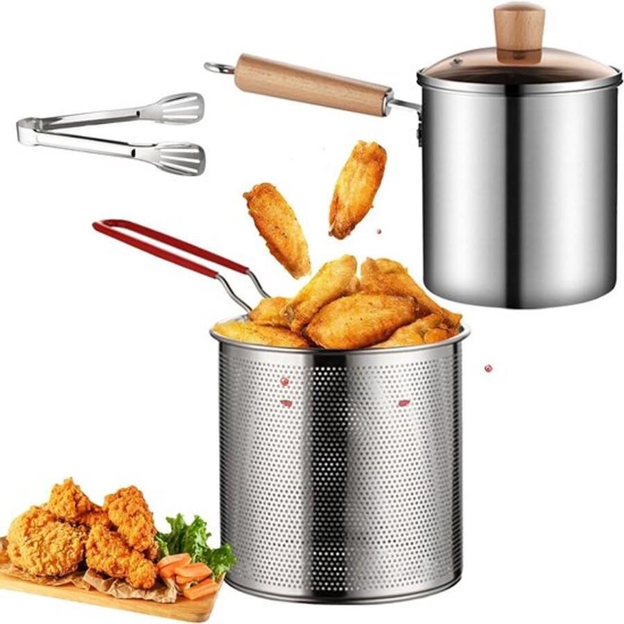 Frituurpan met zeef 3 liter Roestvrijstalen friteuse pan met levensmiddelclip oliefilterpot en schenktuit Multifunctionele frituurpan voor friet garnalen vis en kip