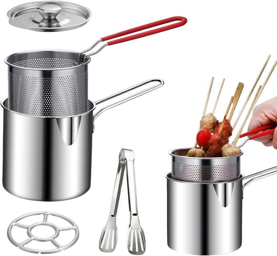 Frituurpan Mini Friteuse RVS Oliepan Tempura Pan Kookpan met Frituurmandje Patat Pan Inductie en Gas Braadpan Frituurpan met Deksel Keuken Accessoires Frituurset Pannen Olie Filter Hapjespan Zilver 1 Stuks