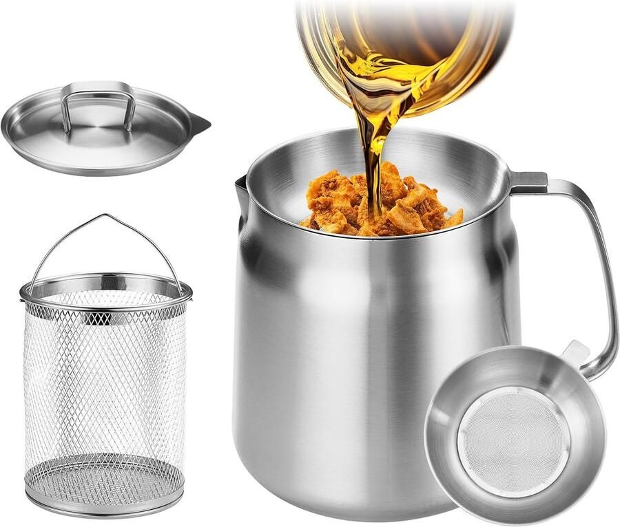 Frituurpan Oliefilter Met mandje en filter 1 5 l 14 x 13 5 cm Vaatwasserbestendig Roestvrij staal 304 Oliereservoir Scheidt olieresten Voor frituren Zilver