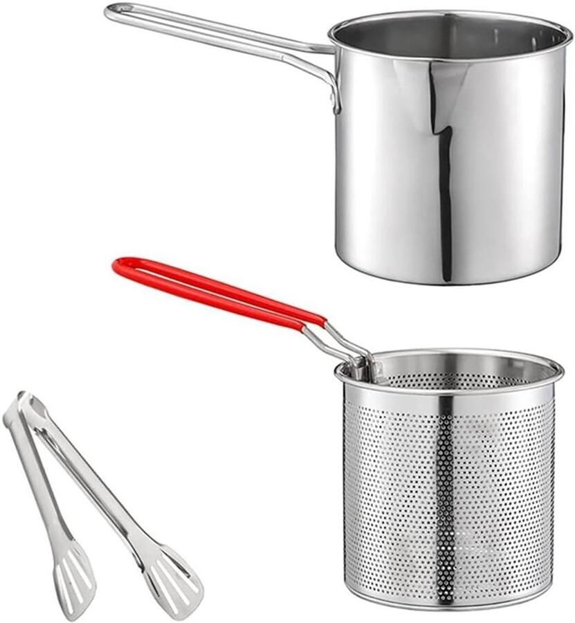 Frituurpan Roestvrij Koekenpan Zeefmand Lekker Bakken Inclusief Tang 27 x 15 x 15 cm Zilver Rood