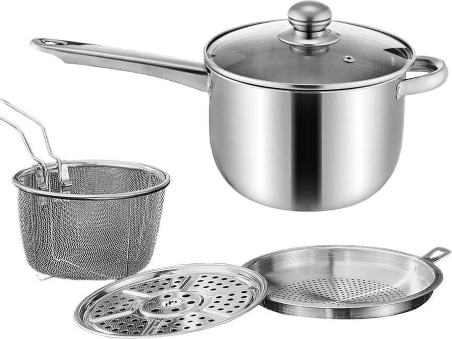 Friteuse op Fornuis Koekenpan met Mand Thuis Frituren Roestvrij Staal 38 cm Lengte Zilver