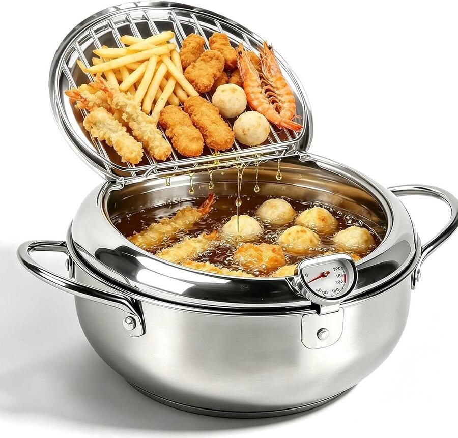 Frituurpan Roestvrij Staal Met Frituurthermometer Inclusief Deksels Voor Tempura en Snacks