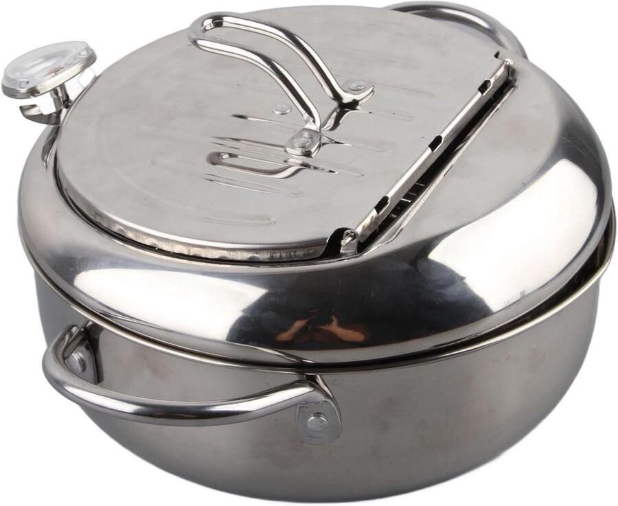 Frituurpan Roestvrijstaal Friteuse met Thermometer Veilig Frituren Thuis Ingebouwde Olietemperatuurmeter 20 cm Zilver