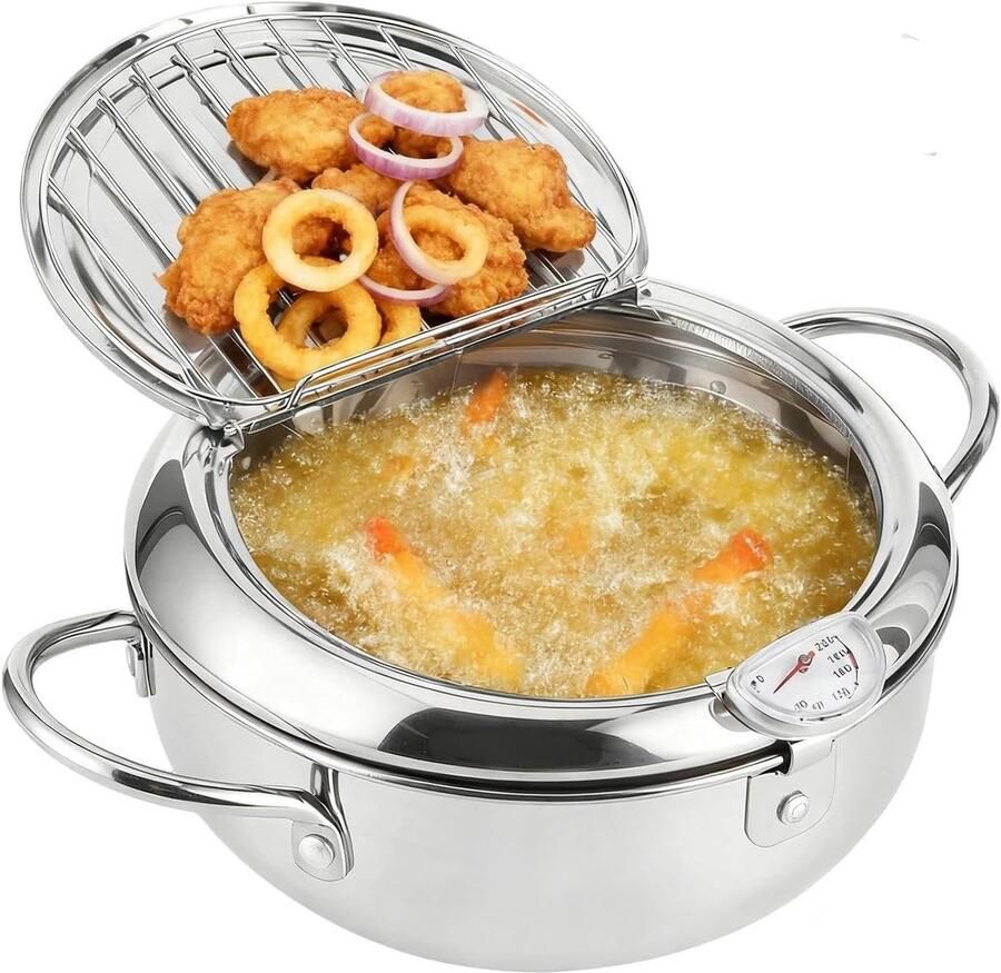 Frituurpan Roestvrijstaal Met Afdruiprek Met Thermometer Voor Thuis en Camping
