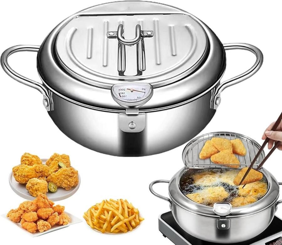 Roestvrijstalen Friteuse Frituurpan Diepe Pot Knapperig Frituren Ingebouwde Thermometer 28 cm Zilver