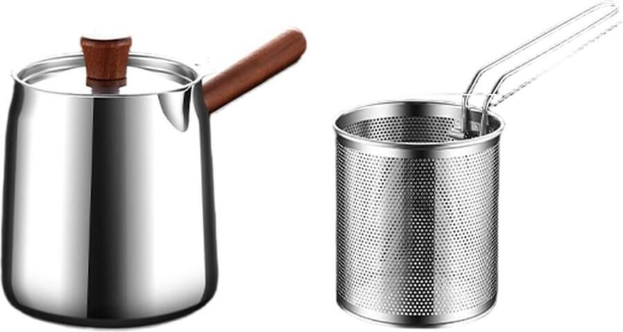 Frituurpan RVS Friteuse Pan Buiten Koken Walnoot Handvat 1.5L 2.0L Zilver