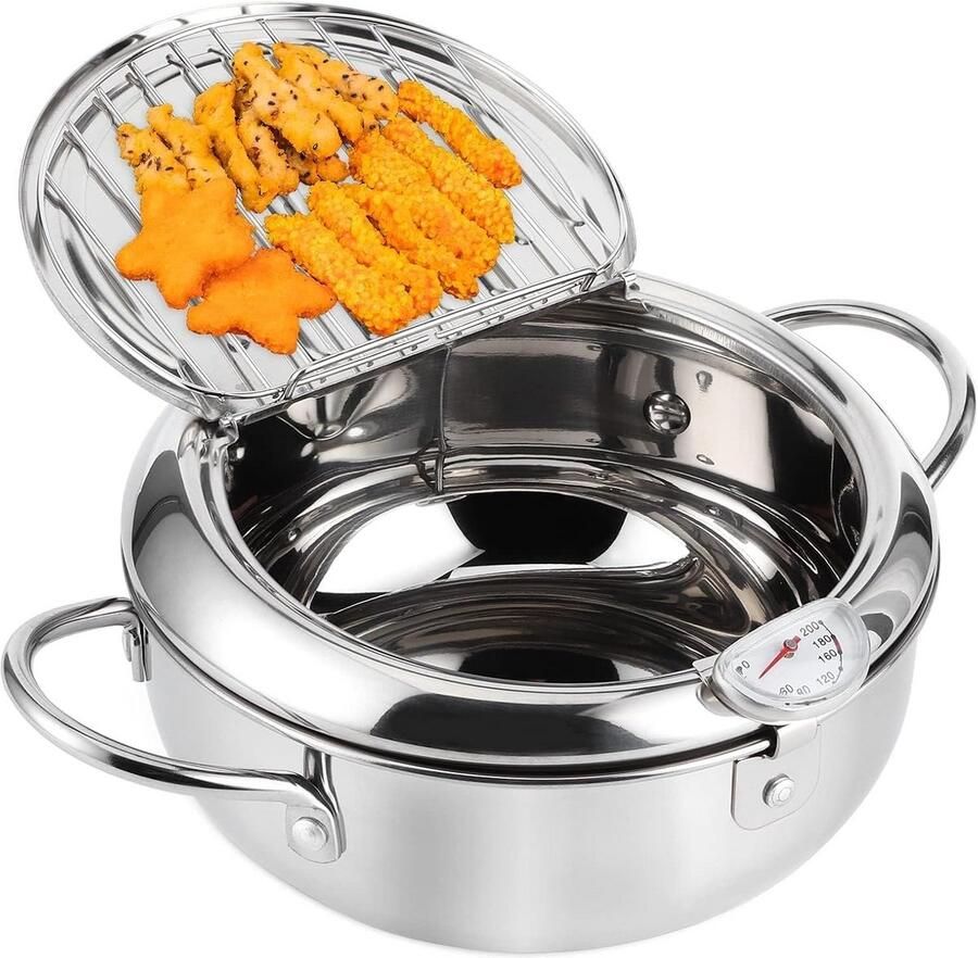 Frituurpan RVS Japanse Pot Thuis Frituren Met Thermometer 2.2 Liter Zilver