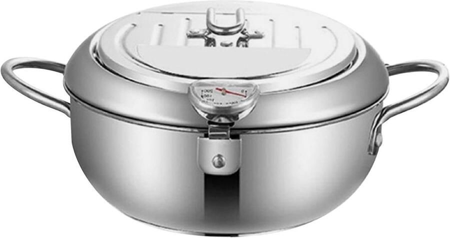 Frituurpan RVS Koekenpan met deksel Lekker Frituren Ingebouwde Thermometer 21.7 cm breed Zilver