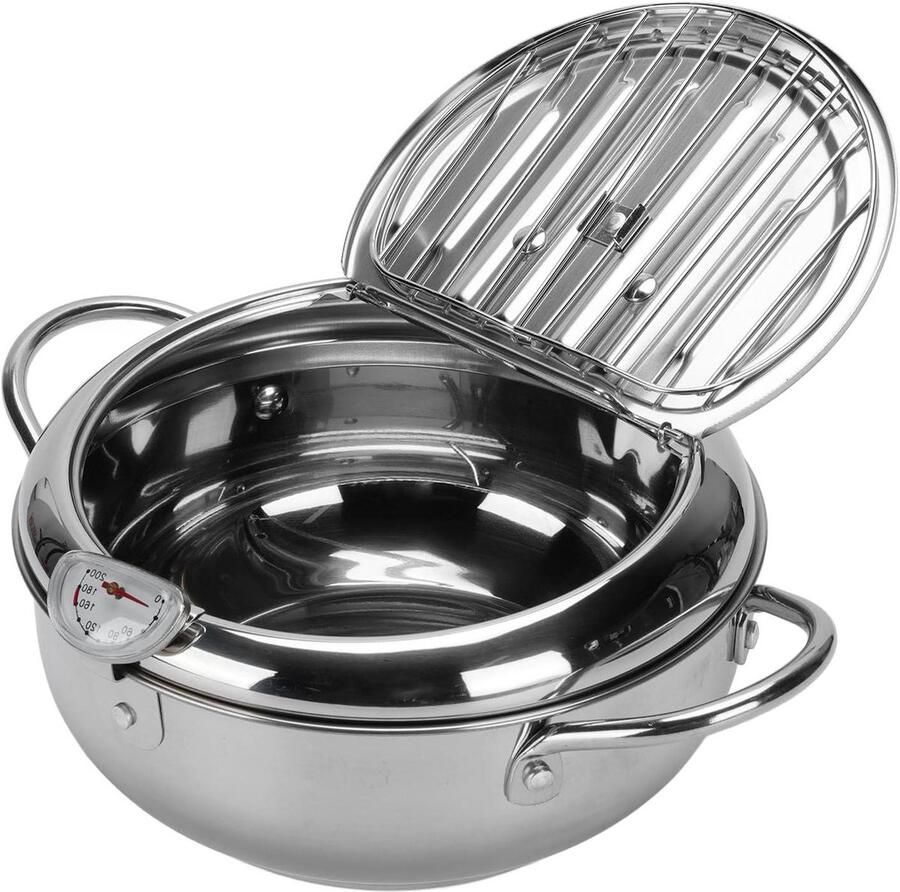 Frituurpan RVS Olie Filterpan Thuis Frituren Met Temperatuurmeter 24cm Diameter Zilver