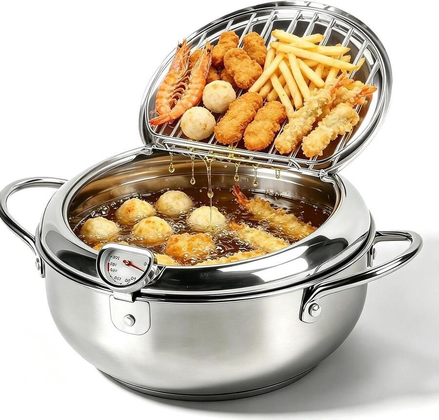 Roestvrijstalen Frituurpan Tempura Pot Thuis Frituren Met Ingebouwde Thermometer 2.2 Liter Capaciteit Zilver - Foto 2