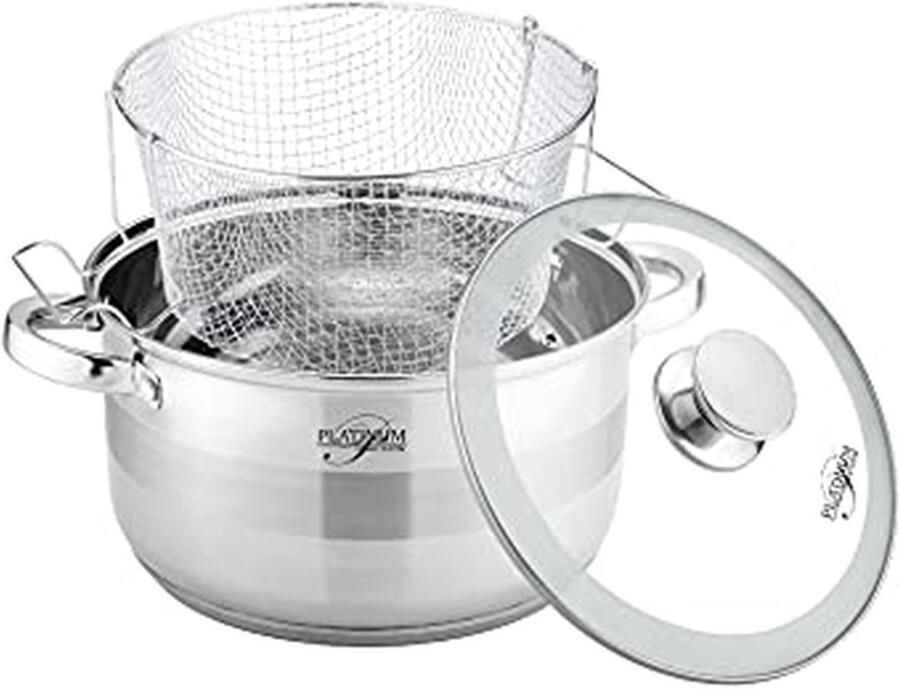 Frituurpan Set Keukenpan Mand Lekkere Snacks Maken Roestvrij Staal 24 cm 6.6 Liter Zilverkleurig