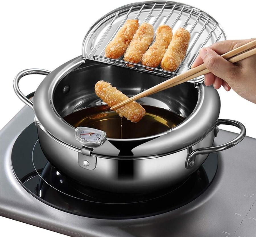 Frituurpan Tempura pan 24 cm RVS pan Keukenaccessoires Japans frituurpannetje Inductie frituurpan Frietpan Kookpan Roestvrijstalen pan Grote frituurpan Keukengerei Huishoudelijk Zilver 1 stuk