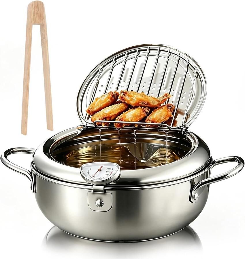 Frituurpan Zilver 20 cm Roestvrijstalen Tempura Friteuse met Thermometer Voor Frituren van Kip en Frietjes