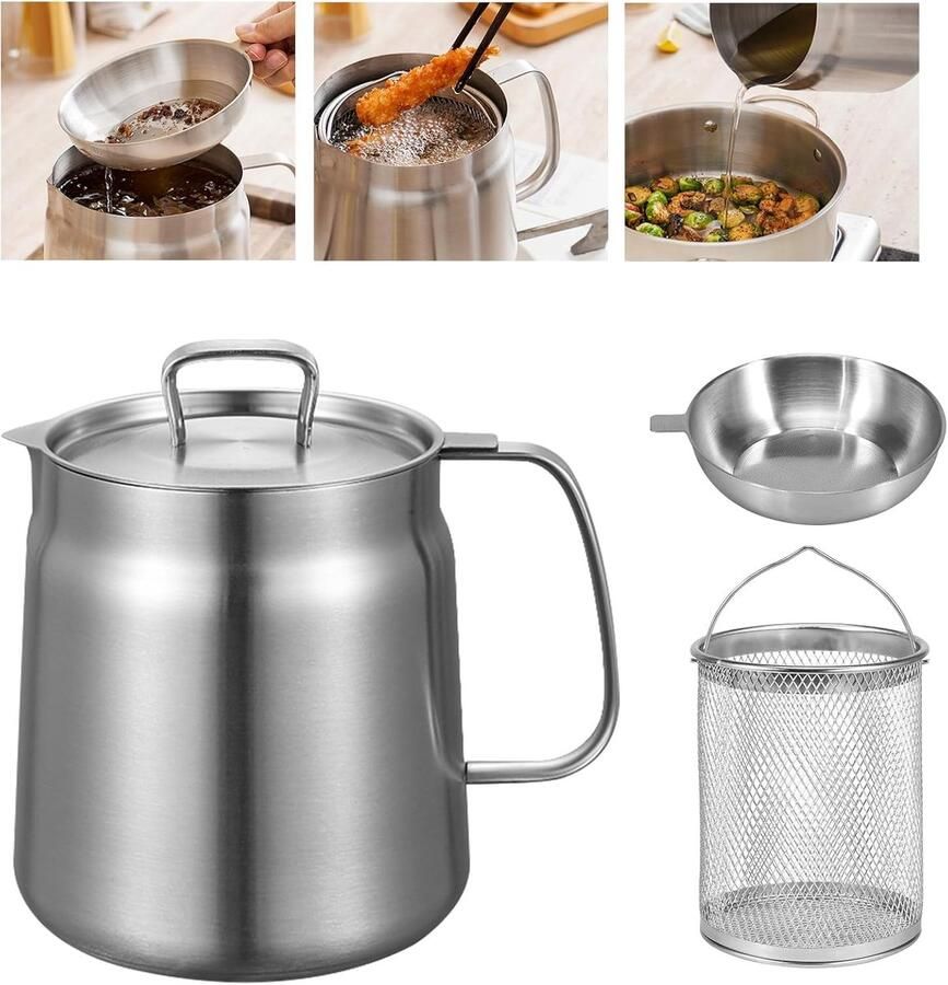 Frituurpannen Frituurzeef Frituurpan Friteusefilter Scheidt vetresten Roestvrijstalen frituurpan Mandje Filterdeksel Opvangbak spekvet Zeef Bewaren frituurvet Kookvet 1 5 liter Zilver