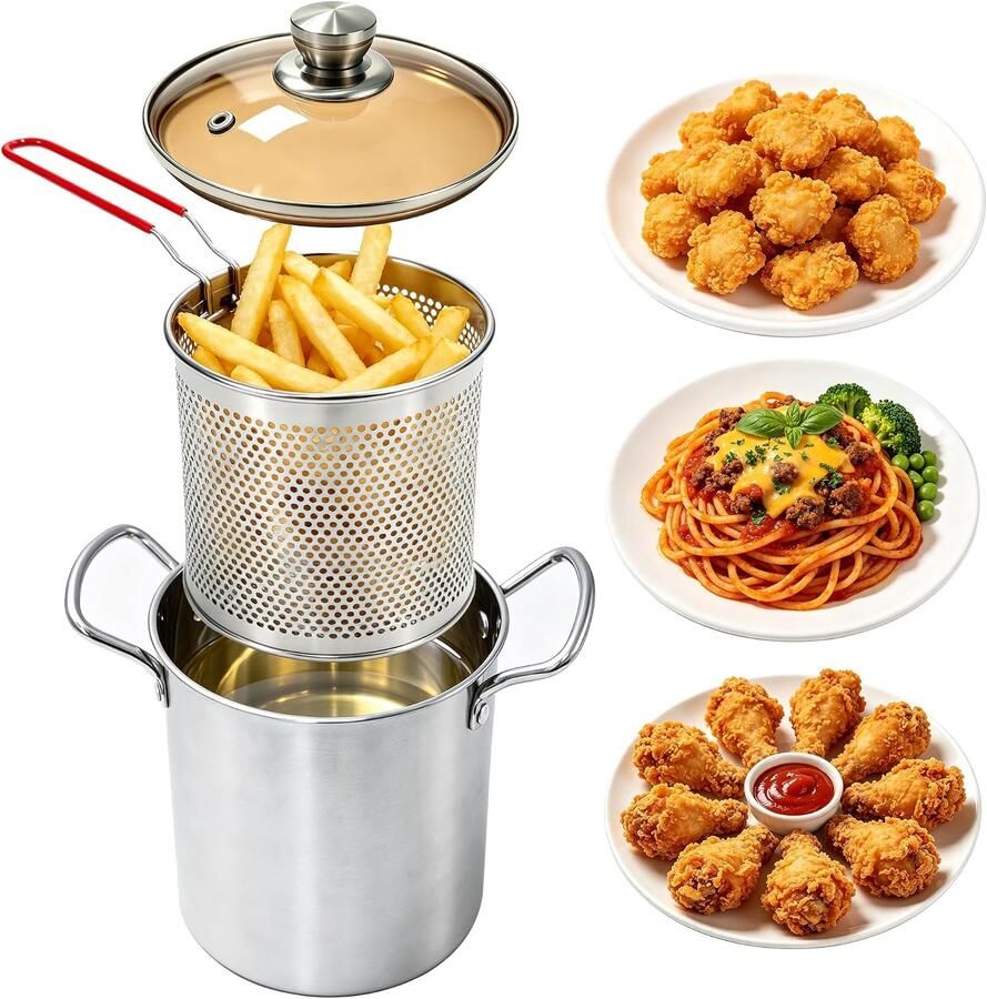 Frituurpot met Mandje 3L RVS Frituurpan voor Fornuis Met Glazen Deksel en Geïsoleerde Handvatten 3-Delige Set voor Friet Kip Vis en Soep