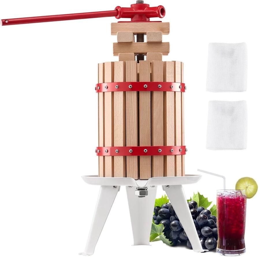 Fruitpers 12 Liter Wijnpers Handmatige Sap Pers Massief Beukenhout Houten Persmand Voor Appels Druiven Bessen en Cider Inclusief Filterzakken Traditionele Sapmaker Voor Thuis Boerderij en Wijngaard