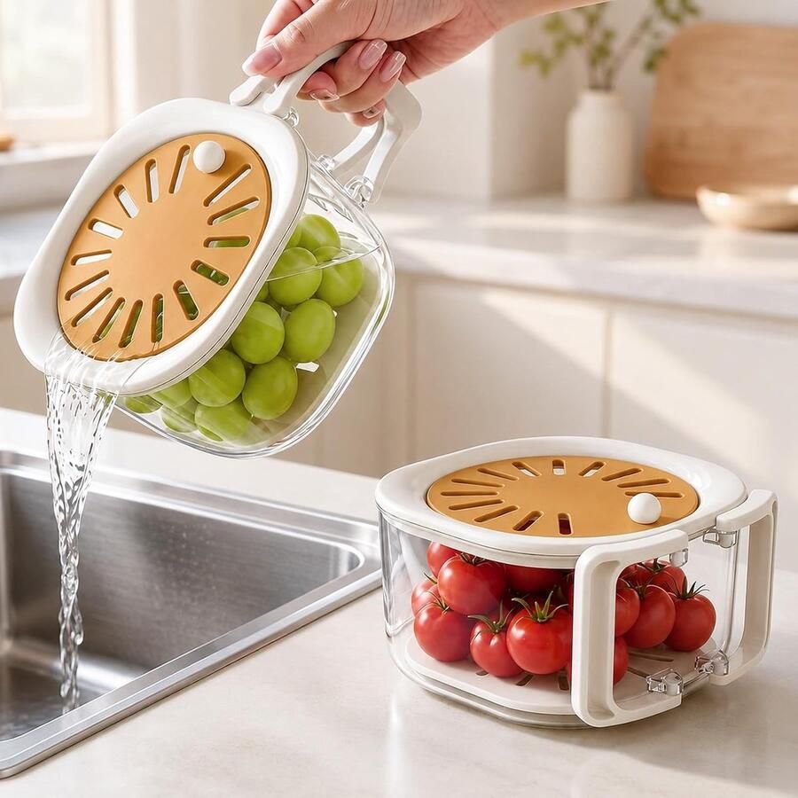 Fruitwaskom 2-in-1 Bruin Met deksel en opvouwbare handgreep Eenvoudig groenten en fruit wassen ShopVlot