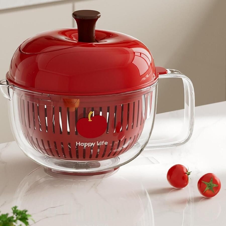 Fruitwasser Kom Groenten Spinner Salade Voorbereiden Directe Stop Functie 23 x 23 x 18 cm Rood