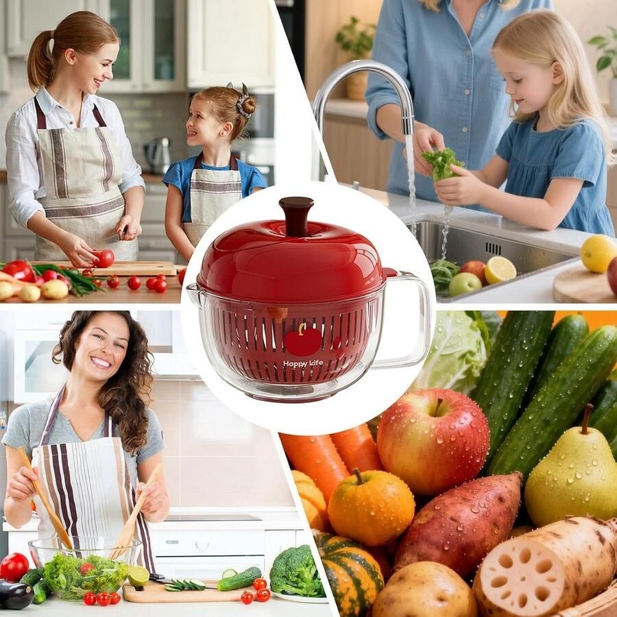 Fruitwasser Groente Droger Keuken Slinger Maaltijd Voorbereiding Antislip Onderzetter 23 cm Rood - Foto 2