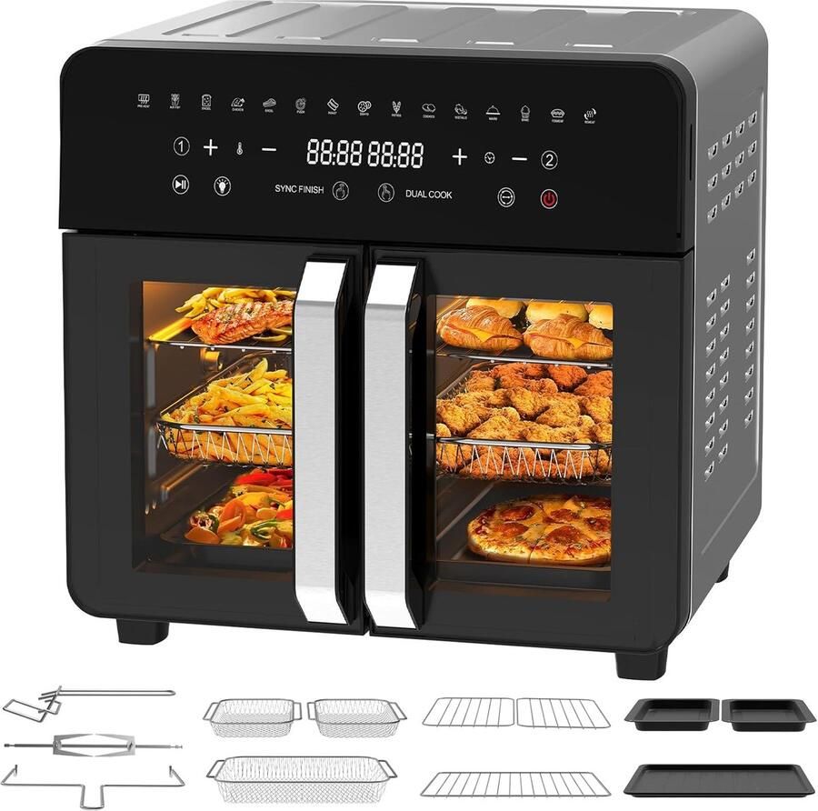 Fryer Dual Zone 23L XXL luchtfriteuse met afneembare scheidingswand olievrije friteuse met French Door-deuren 15 programma's groot venster 5 accessoiresets receptenboek