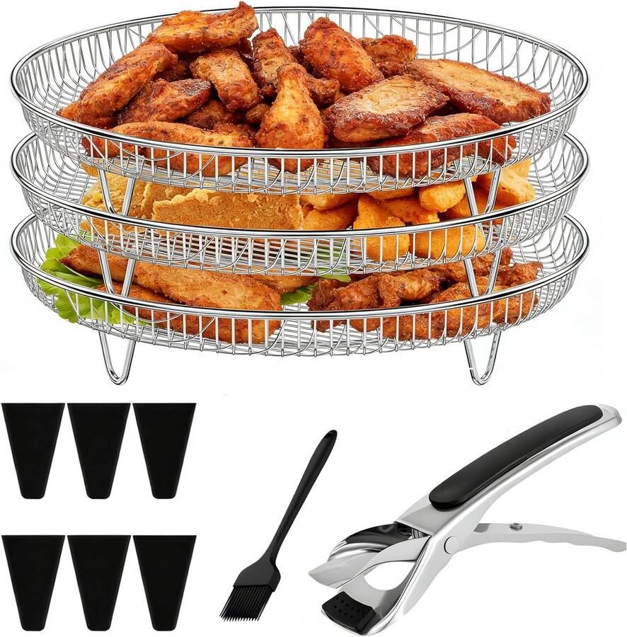 Fryer Rack Stapelbare manden 3 stuks 304 roestvrij staal 20 cm dehydratorrekken met siliconen voeten en pincet voor QT airfryer braden bakken