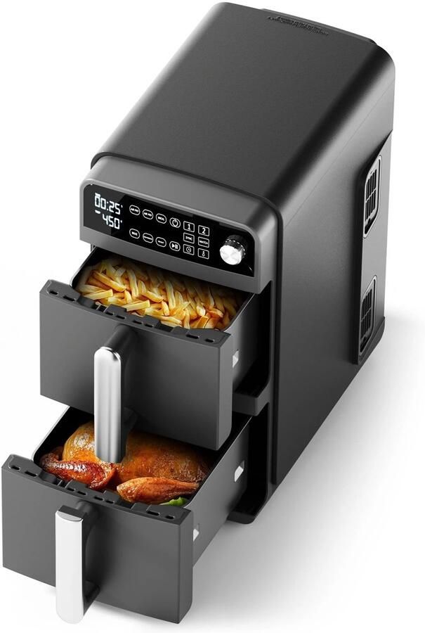 TrendWave Airfryers – 2-Basket Airfryer XXL 10QT – Verticale Dubbele Airfryer – 6-in-1 – Smart Finish Match Cook – Ruimtebesparend