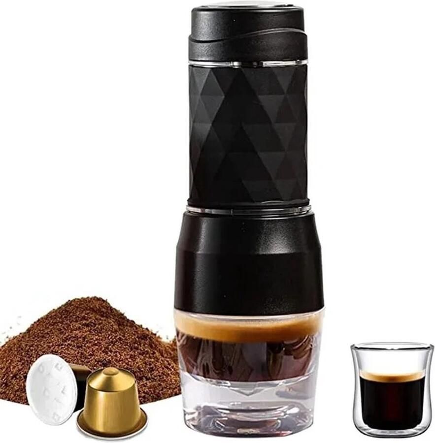Fytura 3-in-1 Draagbare Koffiemachine – Handmatige Espresso – Compatibel met Nespresso Dolce Gusto & Gemalen Koffie – Portable Mini Espresso – Reizen Outdoor Camping Zwart