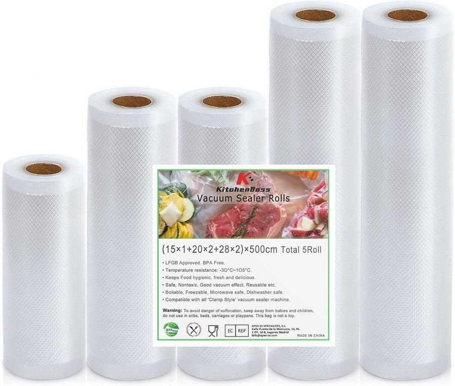 G1520285005DEn vacuümfolierollen KitchenBoss sous-vide zakjes 5 rollen 15 x 1 20 x 2 28 x 2 500 cm vacuümzakken levensmiddelen voor vacuümmachine BPA-vrij transparant