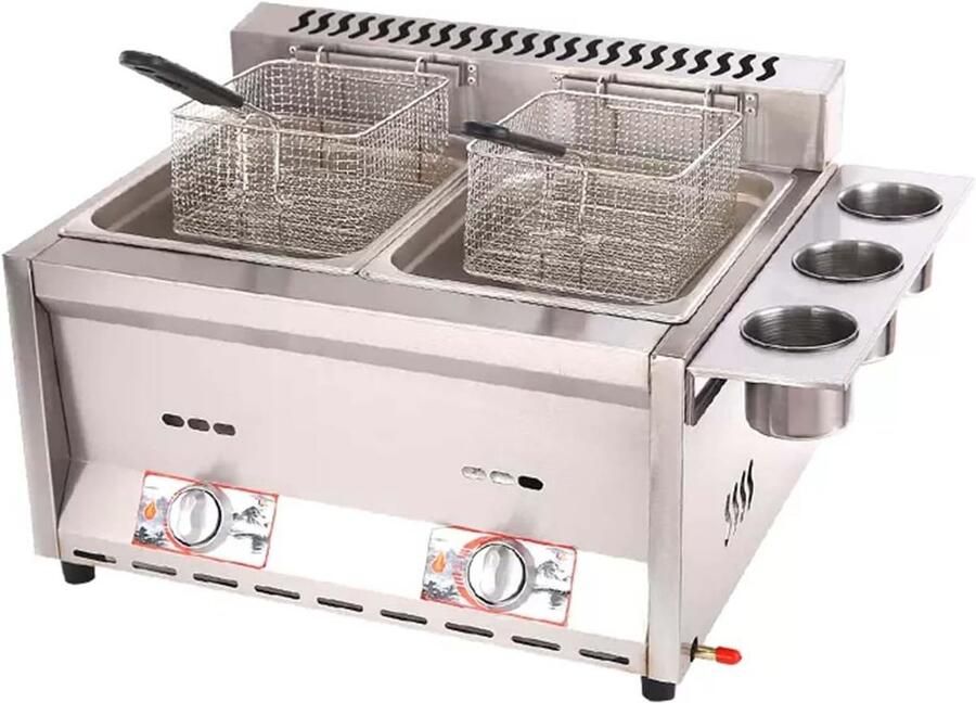 Gas Friteuse Dubbele Cilinder Professioneel Frituren Verstelbare Vuurkracht 45x56x35 cm Zilver