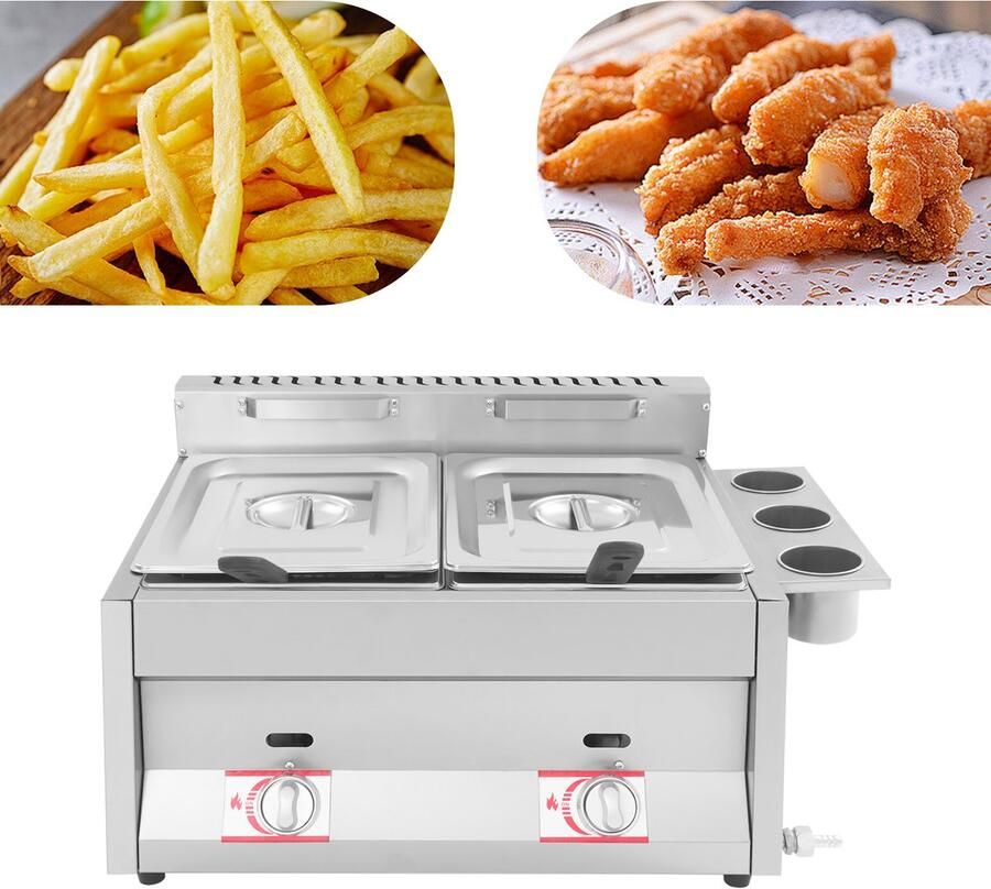 Gas Friteuse Met Mand En Deksel 6L RVS Dubbele Tank Commerciële Keukenfriteuse Voor Frietjes Thuis Restaurant 60.3*46*33.5cm