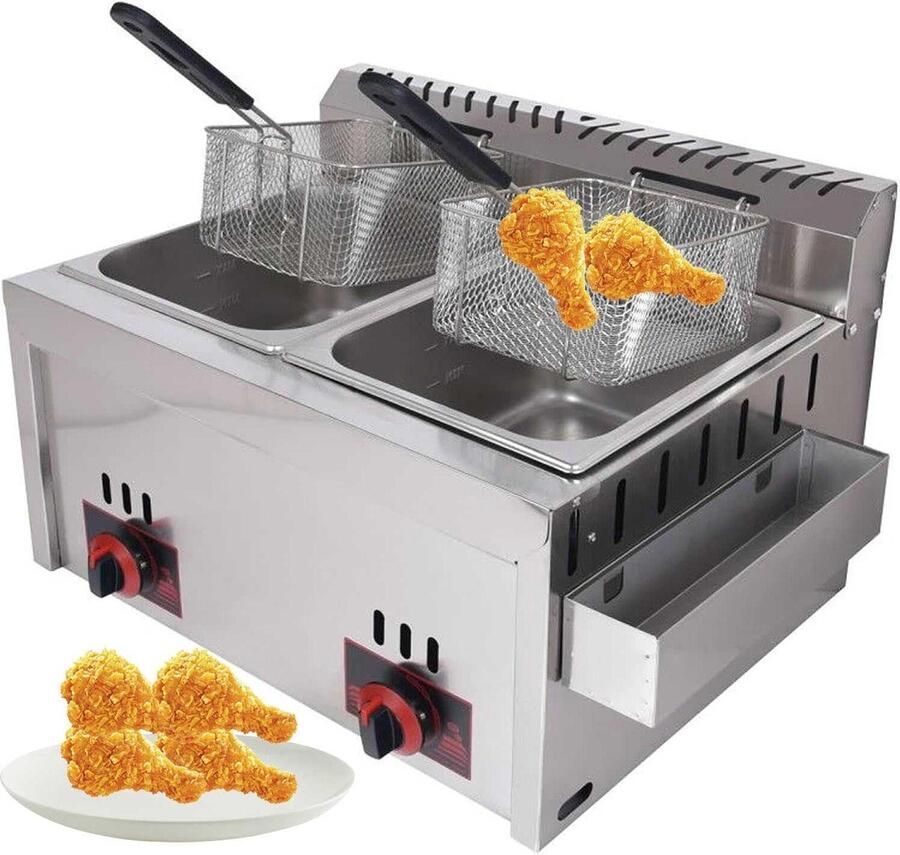 Gas Frituurpan Dubbele Frituurmand Grote Porties Frituren Roestvrij Staal 2x10L Zilver